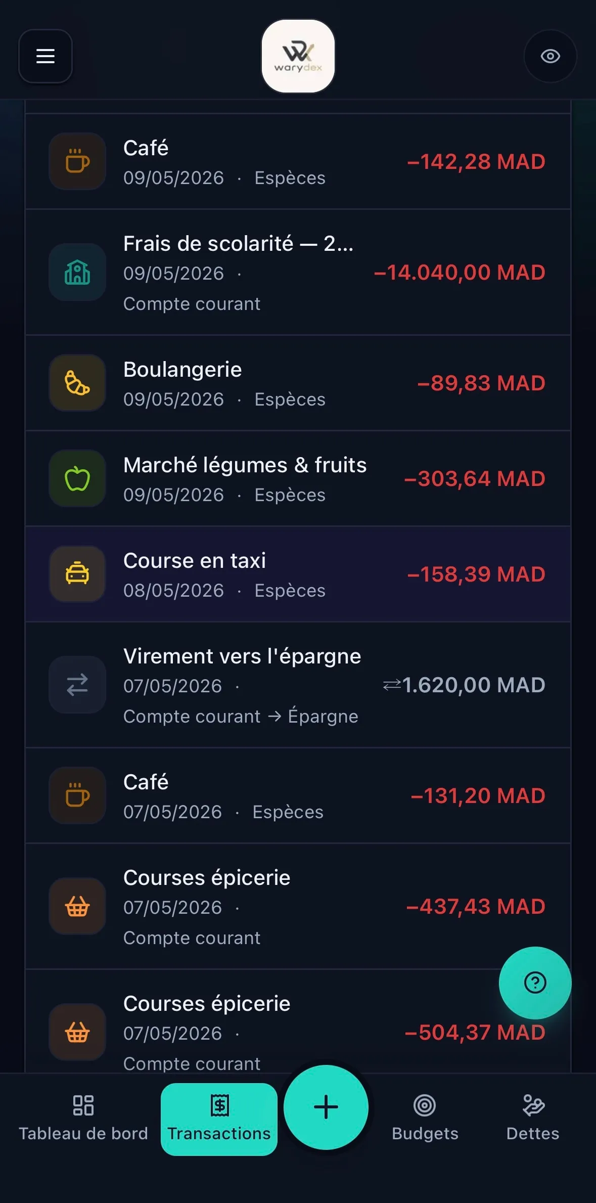 Transactions dans Warydex